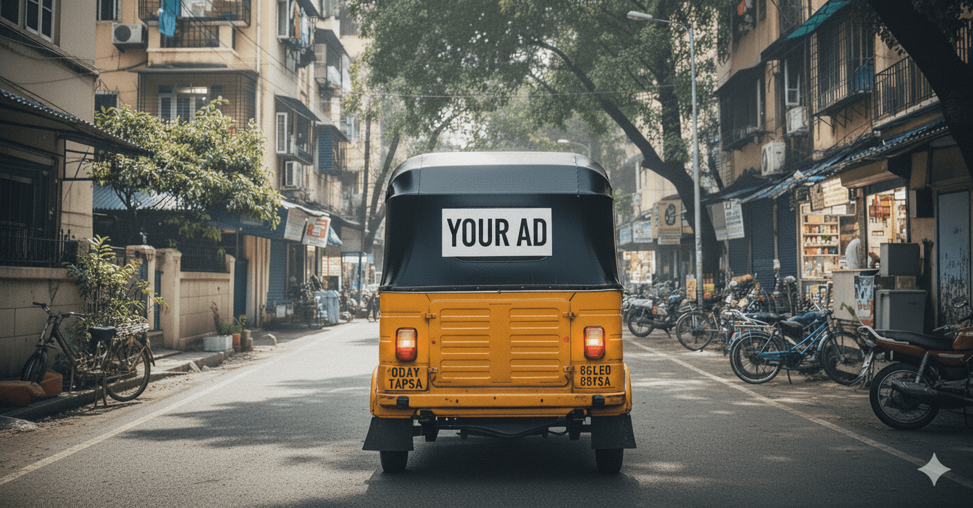 Autorickshaw advertising on Mumbai streets with message on back panel